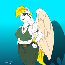 Size: 900x900 | Tagged: safe, artist:quicktron, oc, oc only, oc:storm chaser, pegasus, anthro, anthro oc, blue background, breasts, busty oc, clothes, dog tags, eyepatch, facial scar, female, g.i. joe, gradient background, hand on hip, muscles, muscular female, scar, shadow, signature, solo, sports bra, tank top, tattoo, torn ear