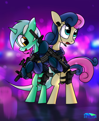 Size: 1206x1477 | Tagged: safe, artist:unigita, bon bon, lyra heartstrings, sweetie drops, earth pony, pony, unicorn, g4, ar-15, atf, bipedal, blurry background, clothes, duo, duo female, female, gun, handgun, headset, horn, mare, neon, pistol, weapon