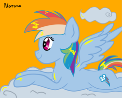 Size: 1241x1000 | Tagged: safe, artist:wrath-marionphauna, rainbow dash, pegasus, pony, g4, cloud, lying down, lying on a cloud, on a cloud, smiling, solo