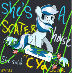 Size: 1500x1515 | Tagged: safe, artist:wh189, oc, oc only, oc:serene dive, earth pony, pony, graffiti, happy, intentional spelling error, looking at you, misspelling, skateboard, skateboarding, solo, text, totally radical, wave