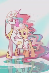 Size: 2349x3524 | Tagged: safe, artist:renjia254, mayor mare, princess celestia, alicorn, earth pony, pony, g4, clothes, duo, duo female, female, gradient background, mare, non-dyed mayor, open mouth, raised hoof, reflection, scroll, shirt, smiling, text, younger