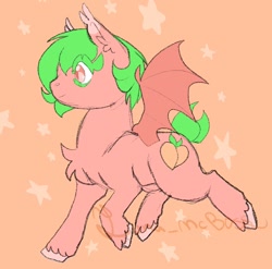 Size: 998x987 | Tagged: safe, artist:luna_mcboss, oc, oc only, oc:sploosh, bat, bat pony, fruit bat, pony, bat pony oc, bat wings, chest fluff, colored eyelashes, colored hooves, ear fluff, feathered fetlocks, female, food, green eyelashes, green mane, green tail, hooves, patterned background, peach, pink coat, pink eyes, short hair, short mane, side view, solo, spread wings, starry background, stars, tail, trotting, wings