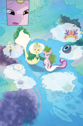 Size: 1033x1566 | Tagged: safe, idw, official comic, princess anemone, queen calla lily, seapony (g4), g5, my little pony: set your sail, set your sail #2, spoiler:comic, spoiler:g5comic, anchors of the seven seas, bubble, clothes, crown, dorsal fin, dress, female, fin, fin wings, fins, fish tail, flowing mane, flowing tail, horn, jewelry, looking at each other, looking at someone, map, ocean, regalia, scales, sea pony (g5), siblings, sisters, sparkling sea, swimming, tail, textless, underwater, water, wings