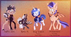 Size: 1661x858 | Tagged: safe, artist:mrraapeti, dj pon-3, vinyl scratch, oc, oc:phiharmonic, oc:remix, oc:traffic jams, bat pony, pony, unicorn, alternate design, clothes, female, filly, foal, horn, male, stallion