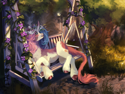 Size: 2560x1920 | Tagged: safe, artist:sweettsa1t, oc, oc only, butterfly, pony, unicorn, bench, coat markings, commission, female, floral head wreath, flower, horn, looking up, mare, nature, outdoors, solo, swing, tree, unshorn fetlocks