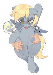 Size: 1702x2379 | Tagged: safe, artist:maremagnet, derpy hooves, human, pegasus, pony, g4, belly, belly button, belly grab, blush lines, blushing, bubble butt, butt, chubby, cute, derpabetes, disembodied hand, female, female focus, hand, hands on thighs, heart, human on pony petting, lidded eyes, looking down, mare, moaning, moaning in pleasure, petting, raised leg, simple background, solo focus, squishy, stupid sexy derpy, swirly eyes, tongue out, white background