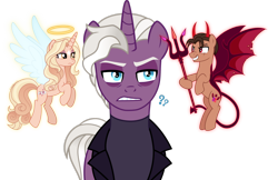 Size: 1920x1241 | Tagged: safe, artist:limedazzle, oc, oc only, oc:adam, oc:lena, oc:michael, angel, devil, pony, unicorn, horn, shoulder angel, shoulder devil, simple background, transparent background, trident