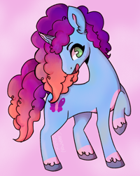 Size: 1548x1935 | Tagged: safe, artist:cinnamonsparx, misty brightdawn, pony, unicorn, g5, curly hair, curly mane, curly tail, curved horn, cute, gradient background, gradient mane, gradient tail, horn, raised hoof, rebirth misty, signature, solo, tail, unshorn fetlocks