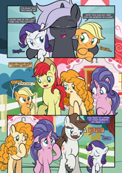 Size: 1920x2715 | Tagged: safe, artist:alexdti, applejack, bright mac, cookie crumbles, hondo flanks, pear butter, rarity, oc, oc:penumbra shard, earth pony, pony, unicorn, comic:how we met, g4, female, filly, filly applejack, filly rarity, horn, implied sweetie belle, pregnant, younger