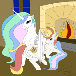 Size: 1000x1000 | Tagged: safe, princess celestia, oc, oc:prince helios dawn, alicorn, g4, duo, duo male and female, female, fire, fireplace, free commission, indoors, male, window