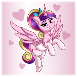 Size: 1600x1600 | Tagged: safe, artist:andelai, princess cadance, alicorn, pony, g4, bedroom eyes, bow, clothes, cute, cutedance, female, filly, filly cadance, gradient background, hair bow, heart, looking at you, mare, smiling, smiling at you, socks, solo, spread wings, teen princess cadance, thigh highs, wings, younger