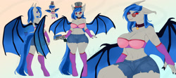 Size: 2880x1280 | Tagged: safe, artist:catrinebs, oc, oc only, oc:sweet melody, bat pony, anthro, unguligrade anthro, bat pony oc, big breasts, black nail polish, blue mane, blue wings, breasts, chibi, clothes, collar, female, female oc, front view, glasses, gradient background, gray coat, gun, hat, heterochromia, nails, purple underwear, rear view, reference sheet, round glasses, shorts, socks, solo, stockings, thigh highs, tongue out, underwear, weapon, wide hips, wings