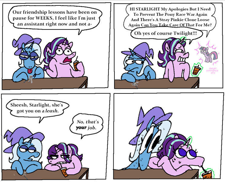 Size: 3324x2685 | Tagged: safe, artist:punkittdev, starlight glimmer, trixie, twilight sparkle, alicorn, pony, unicorn, g4, all in one, big eyes, bubble tea, comic, complaining, dexterous hooves, dialogue, drink, drinking, duo, duo female, female, figurine, freudian slip, frown, glowing, glowing horn, grin, gundam, hoof hold, horn, implied lesbian, implied shipping, implied startrix, implied twilight sparkle, levitation, lidded eyes, looking away, magic, mare, narrowed eyes, nervous sweat, no pupils, simple background, smiling, speech bubble, sweat, telekinesis, teleportation, tongue out, trio, trio female, twilight sparkle (alicorn), white background