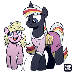 Size: 1200x1200 | Tagged: safe, artist:php104, oc, oc only, oc:silver bell, oc:velvet remedy, pony, unicorn, fallout equestria, g4, bag, clothes, confetti, dress, duo, female, filly, foal, happy, horn, jumping, mare, mare oc, medical saddlebag, pony oc, simple background, transparent background, walking