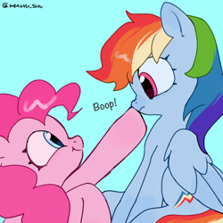 Size: 4096x4096 | Tagged: safe, artist:metaruscarlet, pinkie pie, rainbow dash, earth pony, pegasus, pony, g4, boop, duo, duo female, female, folded wings, looking at each other, looking at someone, raised hoof, simple background, sitting, wings