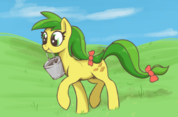 Size: 3000x1980 | Tagged: safe, artist:t72b, apple fritter, earth pony, pony, g4, apple family member, bow, bucket, cloud, female, grass, grass field, mare, mouth hold, outdoors, sky, solo, trotting