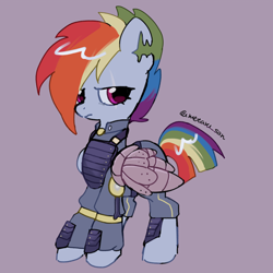 Size: 4096x4096 | Tagged: safe, artist:metaruscarlet, rainbow dash, pegasus, pony, g4, alternate timeline, apocalypse dash, clothes, crystal war timeline, eye scar, facial scar, female, folded wings, looking at you, mare, metal wing, prosthetic limb, prosthetic wing, scar, simple background, solo, torn ear, wings