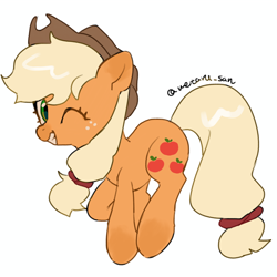 Size: 4096x4096 | Tagged: safe, artist:metaruscarlet, applejack, earth pony, pony, g4, applejack's hat, cowboy hat, freckles, grin, hat, hopping, looking at you, one eye closed, simple background, smiling, solo, white background, wink, winking at you