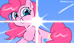 Size: 4096x2372 | Tagged: safe, artist:metaruscarlet, pinkie pie, earth pony, pony, g4, grin, raised hoof, sky, smiling, solo, sunlight