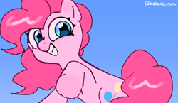 Size: 4096x2372 | Tagged: safe, artist:metaruscarlet, pinkie pie, earth pony, pony, g4, grin, raised hoof, sky, smiling, solo