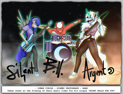 Size: 3508x2700 | Tagged: safe, artist:argent arms, oc, oc only, oc:argent arms, oc:blunt hoof, oc:silent eyes, anthro, rainbow rocks 10th anniversary, bass guitar, blue coat, blue mane, clothes, crescent moon, drum kit, drumming, drums, drumsticks, electric guitar, fog, glowing, glowing horn, gray coat, guitar, guitar pick, horn, magic, magic aura, moon, musical instrument, performance, photo, red coat, rock and roll, rock band, signature, white mane, wings