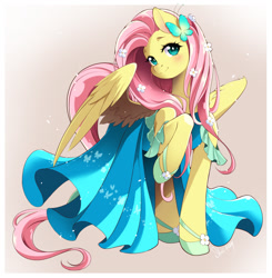 Size: 1250x1278 | Tagged: safe, artist:nekoshiei, fluttershy, butterfly, pegasus, pony, g4, butterfly hairpin, clothes, commission, cute, daaaaaaaaaaaw, dress, female, flower, flower in hair, hoof shoes, looking at you, raised leg, shoes, shyabetes, smiling, smiling at you, solo