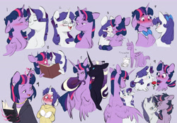 Size: 7800x5430 | Tagged: safe, artist:chub-wub, mean rarity, mean twilight sparkle, nightmare rarity, rarity, twilight sparkle, alicorn, pony, unicorn, g4, the mean 6, absurd resolution, alternate hairstyle, blue eyes, blushing, blushing profusely, book, bowtie, clone, clothes, dress suit, dusk shine, elusive, eyes closed, female, floppy ears, flower, glasses, half r63 shipping, height difference, horn, horns are touching, lesbian, male, mare, necktie, nuzzling, older, older rarity, older twilight, purple background, rose, rule 63, ship:rarilight, ship:rarishine, ship:twilusive, shipping, simple background, stallion, straight, sweater, tall, twilight sparkle (alicorn), unicorn twilight