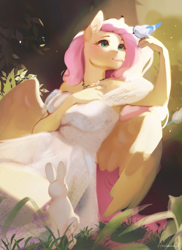 Size: 1639x2248 | Tagged: safe, artist:hackainax, fluttershy, bird, pegasus, rabbit, anthro, g4, animal, clothes, dress, grass, jewelry, necklace, outdoors, signature, solo