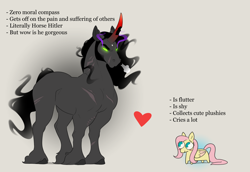 Size: 6548x4500 | Tagged: safe, artist:evehly, fluttershy, king sombra, pegasus, pony, unicorn, g4, blush sticker, blushing, chibi, comparison, dark magic, digital art, female, glowing, glowing horn, heart, horn, larger male, magic, male, mare, scar, ship:sombrashy, shipping, size difference, smaller female, smiling, squatpony, stallion, straight, stubby legs, unshorn fetlocks