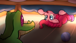 Size: 1920x1080 | Tagged: safe, artist:daromius, gummy, pinkie pie, alligator, earth pony, pony, g4, bed, duo, hide and seek, indoors, under the bed