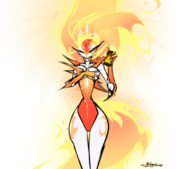 Size: 1872x1796 | Tagged: safe, artist:madragon, derpibooru exclusive, daybreaker, alicorn, anthro, g4, ambiguous facial structure, angry, both cutie marks, breast grab, breasts, drink, energy drink, female, grope, light skin, looking at you, mane of fire, one eye closed, signature, simple background, solo, standing, tail, tail of fire, transparent background