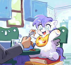 Size: 1342x1234 | Tagged: safe, artist:sheep-kinta, oc, oc only, fluffy pony, human, pegasus, bib, cute, daaaaaaaaaaaw, feeding, food, hand, hnnng, hugbox, pasta, spaghetti, weapons-grade cute