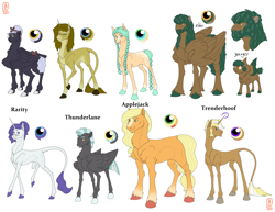 Size: 4700x3635 | Tagged: safe, artist:anelaponela, applejack, rarity, thunderlane, trenderhoof, oc, earth pony, pegasus, pony, unicorn, g4, crack shipping, female, freckles, headcanon, headcanon in the description, herd, horn, lesbian, male, parent:applejack, parent:rarity, parent:thunderlane, parent:trenderhoof, polyamory, ship:rarijack, shipping, simple background, straight, travelersverse, trenderjack, white background