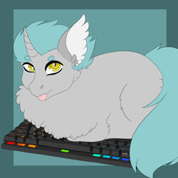 Size: 3000x3000 | Tagged: safe, artist:inisealga, oc, oc only, oc:lunar signal, bat pony, bat pony unicorn, hybrid, unicorn, wingless bat pony, :p, bat pony oc, behaving like a cat, chest fluff, cute, ear fluff, fluffy, horn, hybrid oc, keyboard, looking at you, lying down, passepartout, ponyloaf, prone, slit pupils, solo, tail, tongue out, wingless