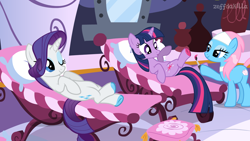 Size: 1500x844 | Tagged: safe, artist:zeffdakilla, lotus blossom, rarity, twilight sparkle, earth pony, pony, unicorn, g4, crossed legs, female, hoof polish, horn, i can't believe it's not hasbro studios, indoors, lidded eyes, looking at someone, lounging, lying down, mare, not a screencap, on back, one eye closed, ooh, pillow, ponyville spa, raised hoof, raised leg, show accurate, smiling, spa, trio, trio female, unicorn twilight, vector, wink