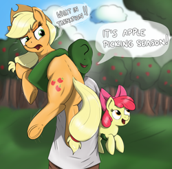 Size: 2520x2480 | Tagged: safe, artist:eels, apple bloom, applejack, oc, oc:anon, earth pony, human, pony, g4, angry, apple, apple sisters, apple tree, applebutt, applejack is not amused, butt, emanata, female, filly, foal, happy, holding a pony, mare, name joke, open mouth, open smile, outdoors, plot, pun, shoulder carry, siblings, sisters, smiling, tree, unamused, underarm carry, underhoof, varying degrees of want, what in tarnation