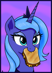 Size: 1614x2261 | Tagged: safe, artist:vomitvomiting, princess luna, alicorn, pony, g4, abstract background, cheese, crown, drawthread, food, glorious grilled cheese, grilled cheese, jewelry, lidded eyes, mouth hold, peytral, princess luna's glorious grilled cheese sandwiches, regalia, requested art, s1 luna, sandwich, solo