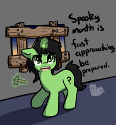 Size: 668x718 | Tagged: safe, artist:neuro, oc, oc:filly anon, earth pony, ghost, pony, undead, unicorn, board, boarded window, female, filly, foal, glowing, glowing horn, hammer, horn, indoors, levitation, magic, solo, spooky month, talking to viewer, telekinesis, window