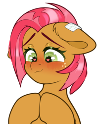 Size: 2000x2500 | Tagged: safe, alternate version, artist:etoz, babs seed, earth pony, pony, g4, blushing, bust, couple, cutie mark accessory, cutie mark earrings, ear piercing, earring, embarrassed, female, freckles, green eyes, heart, heart eyes, hooves together, implied featherseed, implied featherweight, implied shipping, implied straight, jewelry, mare, older, older babs seed, piercing, red hair, shy, simple background, solo, watermark, white background, wingding eyes