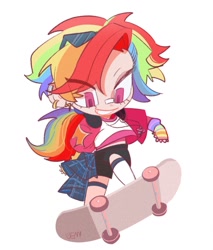 Size: 1462x1720 | Tagged: safe, artist:77658984, rainbow dash, human, g4, bandaid, bandaid on nose, cute, dashabetes, humanized, simple background, skateboard, skateboarding, solo, white background