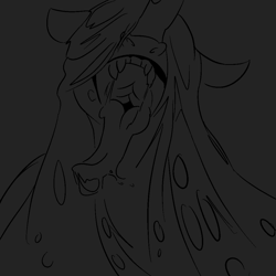 Size: 1024x1024 | Tagged: safe, artist:gayplantsex, queen chrysalis, changeling, changeling queen, g4, blindfold, bust, drool, gray background, grayscale, lineart, long tongue, mawshot, monochrome, open mouth, simple background, solo, tongue out