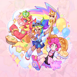 Size: 3022x3000 | Tagged: safe, artist:starry_zitong, artist:xingchen30du, big macintosh, pinkie pie, rainbow dash, human, anthro, g4, alternative cutie mark placement, apple, apple pie, bread, converse, croissant, female, food, glasses, grin, heart shaped glasses, humanized, ice cream, ice cream cone, ice cream horn, light skin, male, one eye closed, open mouth, open smile, peace sign, pie, scepter, shoes, shoulder cutie mark, smiling, sunglasses, sunglasses on head, tan skin, trio, twilight scepter, wink