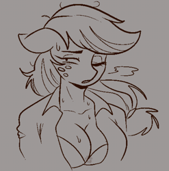 Size: 887x897 | Tagged: safe, artist:gayplantsex, applejack, earth pony, anthro, g4, big breasts, bra, breasts, bust, busty applejack, cleavage, clothes, female, floppy ears, gray background, grayscale, hatless, lineart, mare, missing accessory, monochrome, narration, one eye closed, open clothes, open shirt, simple background, solo, sweat, unbuttoned, underwear