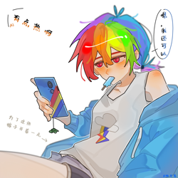 Size: 1200x1200 | Tagged: safe, artist:xinjinjumin852855882348, artist:秧交多, rainbow dash, human, g4, humanized, implied applejack, phone, simple background, solo, translation request, white background