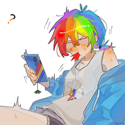 Size: 1200x1200 | Tagged: safe, artist:xinjinjumin852855882348, artist:秧交多, rainbow dash, human, g4, female, human female, humanized, phone, simple background, solo, white background