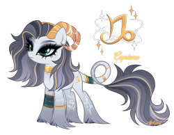 Size: 4263x3300 | Tagged: safe, artist:afterglory, oc, oc only, unnamed oc, earth pony, pony, accessory, adoptable, adoptable open, armband, black eyeshadow, bracelet, capricorn, coat markings, collar, colored eyebrows, colored hooves, colored horns, earth pony oc, eyelashes, eyeshadow, facial markings, female, female oc, for sale, frown, gradient legs, gradient mane, gradient tail, gray hooves, gray mane, gray tail, green eyes, hooves, horn, horn jewelry, horns, jewelry, leg markings, leonine tail, long fetlocks, long mane, long tail, makeup, mare oc, necklace, prehensile tail, ram horns, ring, shiny hooves, simple background, solo, standing, striped mane, striped tail, tail, tail markings, tail ring, thick eyelashes, three quarter view, transparent background, unshorn fetlocks, unsohrn fetlocks, wall of tags, white coat, zodiac