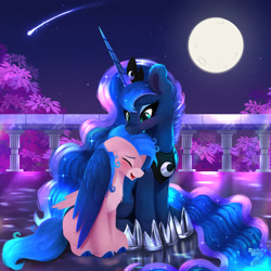 Size: 2400x2400 | Tagged: safe, artist:darksly, oc, alicorn, pegasus, pony, commission, duo, full moon, hug, moon, night, outdoors, shooting star, winghug, wings, ych result