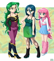 Size: 2208x2500 | Tagged: safe, artist:uotapo, color edit, edit, editor:overlord 2, mane-iac, queen chrysalis, oc, oc:fluffle puff, human, equestria girls, g4, bare shoulders, boots, comments locked down, female, graveyard of comments, humanized, light skin, light skin edit, shoes, skin color edit, sleeveless, trio, trio female