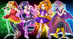 Size: 5600x3000 | Tagged: safe, artist:uotapo, color edit, edit, editor:overlord 2, adagio dazzle, sunset shimmer, trixie, twilight sparkle, human, pony, rainbow rocks 10th anniversary, equestria girls, g4, bare shoulders, group, light skin, light skin edit, quartet, skin color edit, sleeveless