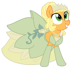 Size: 1006x934 | Tagged: safe, artist:doggie31, applejack, earth pony, pony, g4, alternate hairstyle, applebetes, applejack also dresses in style, clothes, commission, cute, disney, disney princess, dress, evening gloves, female, freckles, gloves, gown, grin, jackabetes, jewelry, long gloves, mare, necklace, princess tiana, simple background, smiling, solo, the princess and the frog, tiana, transparent background